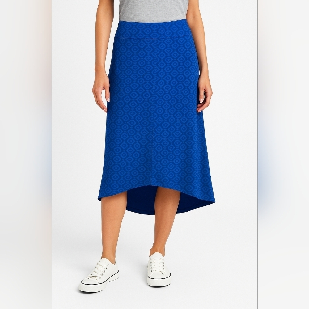 Eddie Bauer Travex Pull On Blue print hi lo midi Skirt Wide Waistband XL